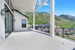 View of patio featuring a mountain view
