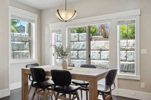 Dining room with baseboards and dark wood-type flooring