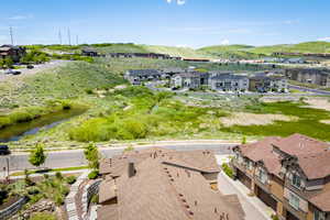 Aerial view of residential area with a mountain backdrop
