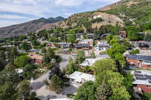 Aerial view of residential area with a mountain backdrop