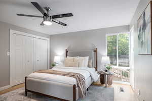 Bedroom featuring light wood finished floors, a closet, and ceiling fan