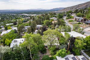Aerial perspective of suburban area with mountains