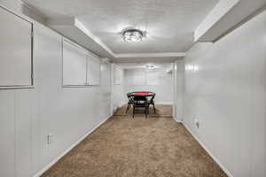 Finished below grade area featuring carpet flooring, a textured ceiling, and baseboards