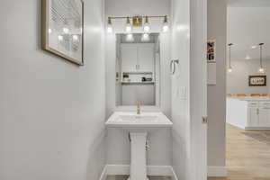 Bathroom featuring wood finished floors, baseboards, and a sink