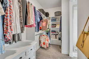 Spacious closet with light carpet