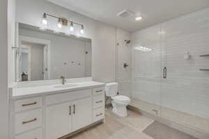 Full bath with vanity, toilet, a shower stall, and wood finished floors