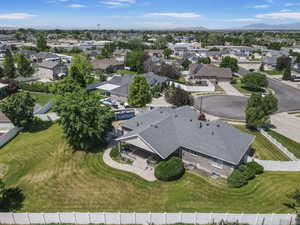 Aerial view of residential area with a mountainous background