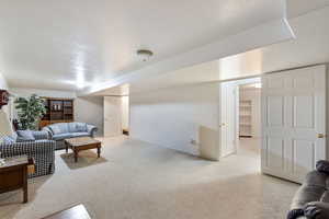Living area with light carpet, a textured ceiling, and baseboards