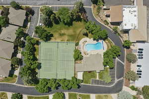 Drone / aerial view of a pool