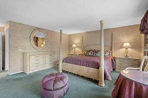 Carpeted bedroom with a textured ceiling