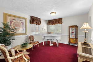 Office with a textured ceiling and carpet floors
