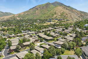 Aerial view of residential area featuring a mountain backdrop