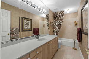 Bathroom with vanity, toilet, and shower / washtub combination