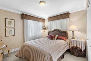 Carpeted bedroom featuring ornamental molding, a textured ceiling, and baseboards
