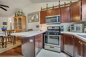Kitchen with appliances with stainless steel finishes, lofted ceiling, a peninsula, ceiling fan, and light countertops