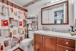 Bathroom with vanity, toilet, and a shower with shower curtain
