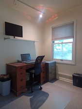 Office space featuring light carpet and track lighting