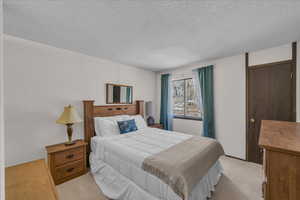 Bedroom featuring light carpet and a textured ceiling