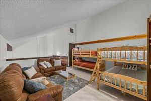 Carpeted bedroom with vaulted ceiling and a textured ceiling