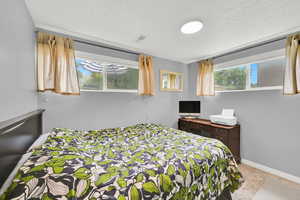 Bedroom featuring multiple windows, a textured ceiling, and baseboards