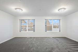 Spare room with baseboards, plenty of natural light, carpet, and a textured ceiling