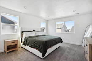 Carpeted bedroom featuring baseboards and recessed lighting