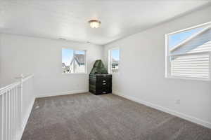 Carpeted empty room with baseboards and a textured ceiling