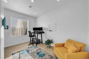 Tiled home office featuring recessed lighting and baseboards