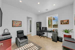 Office area with recessed lighting, light tile patterned flooring, and baseboards
