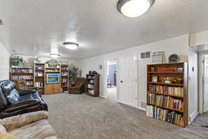 Living room with carpet floors and a textured ceiling