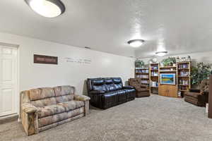 Living room featuring carpet floors and a textured ceiling