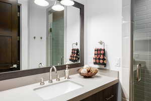 Full bathroom with vanity and a stall shower