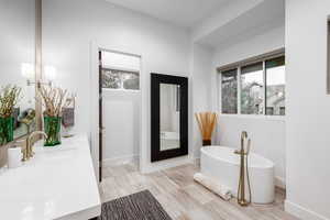 Full bath with a freestanding bath, healthy amount of natural light, and vanity