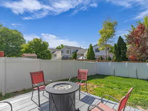 Wooden deck featuring a fire pit and a residential view