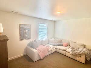 Carpeted living area featuring baseboards