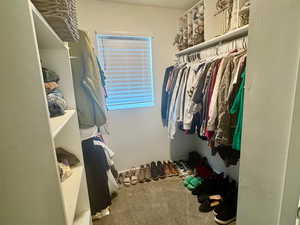 Spacious master closet with carpet flooring