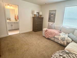 Bedroom featuring light carpet, baseboards, ensuite bath, and a sink