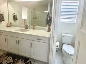 Master bathroom featuring vanity, toilet, and a stall shower