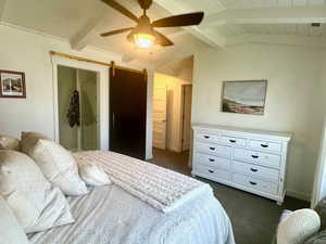 Master Bedroom with dark carpet, wooden ceiling, and ceiling fan