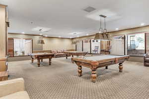 Game room with billiards table, carpet flooring, healthy amount of natural light, and recessed lighting
