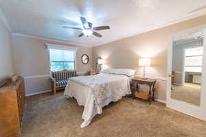 Bedroom with carpet, ornamental molding, ceiling fan, and baseboards