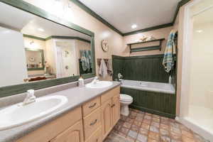 Bathroom featuring a bath, tiled shower, double vanity, toilet, and stone finish floors