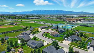 Aerial view of residential area with a mountain backdrop