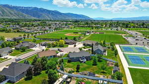 Aerial view of residential area featuring mountains