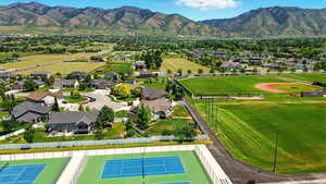 Aerial perspective of suburban area with mountains