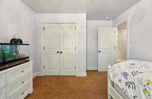Bedroom with light carpet, a closet, and baseboards