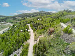 Drone / aerial view of a heavily wooded area and a mountain backdrop