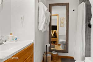 Bathroom featuring toilet, vanity, a shower with curtain, baseboards, and a textured wall