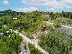 Aerial view of a heavily wooded area