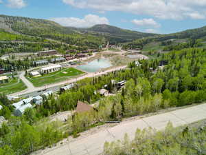 Drone / aerial view of a heavily wooded area and a water and mountain view